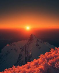 Intense, dramatic lighting illuminates a surreal sunset scene from a high alpine peak. Rendered in captivating infrared tones