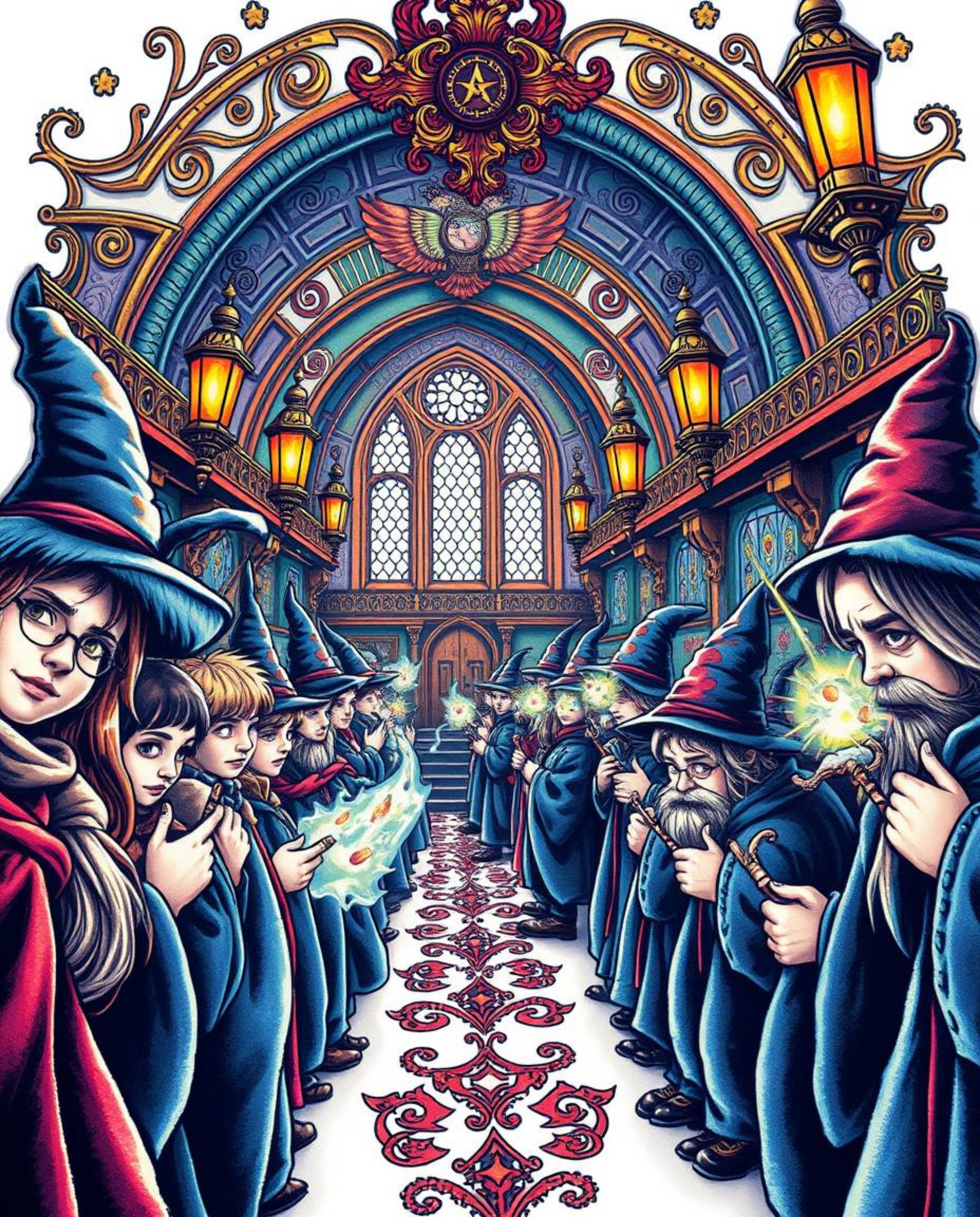 Explore a vibrant and intricately detailed traditional tattoo art print depicting a magical school teeming with young wizards