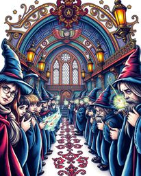 Explore a vibrant and intricately detailed traditional tattoo art print depicting a magical school teeming with young wizards