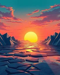 This is a modern, futuristic, and grand scene of a sunset sky mirrored in tidal pools, rendered in an origami style. The illu