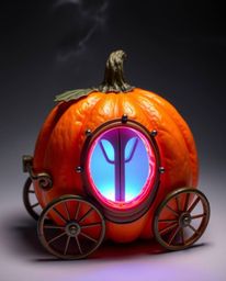 Witness the enchanting transformation of an adorable pumpkin into a glowing carriage, radiating bioluminescent colors and nat