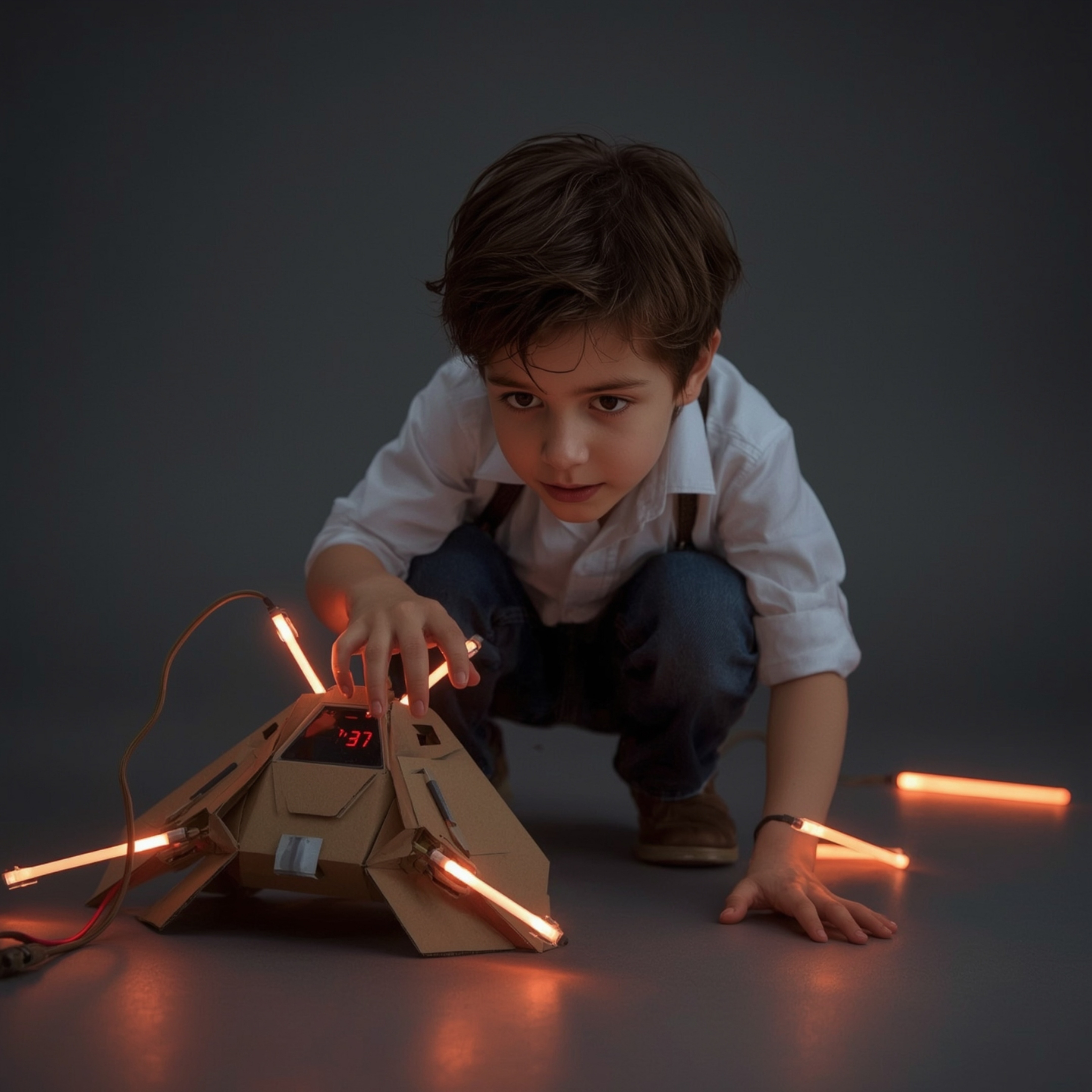 Exquisite high-fashion photography in a Pixar style depicts a young boy with curious eyes, building an intricately designed c