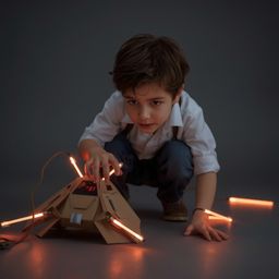 Exquisite high-fashion photography in a Pixar style depicts a young boy with curious eyes, building an intricately designed c