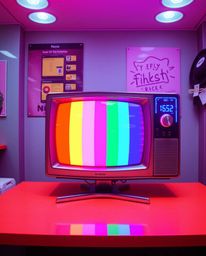 Download this high-resolution commercial stock photo featuring a retro-style TV screen glitch with vibrant RGB separation.  T