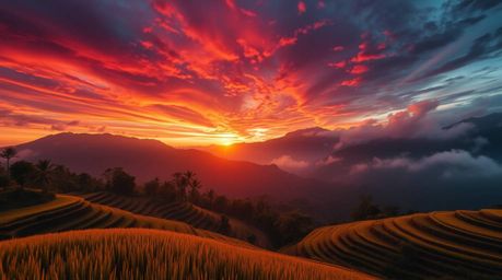 Experience a dramatic cinematic sunset over lush rice terraces nestled in the mountains. This scene is brought to life with e