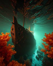 Explore the depths of the ocean in a surreal and dreamlike scene. A shipwreck, illuminated in the deep underwater, is rendere