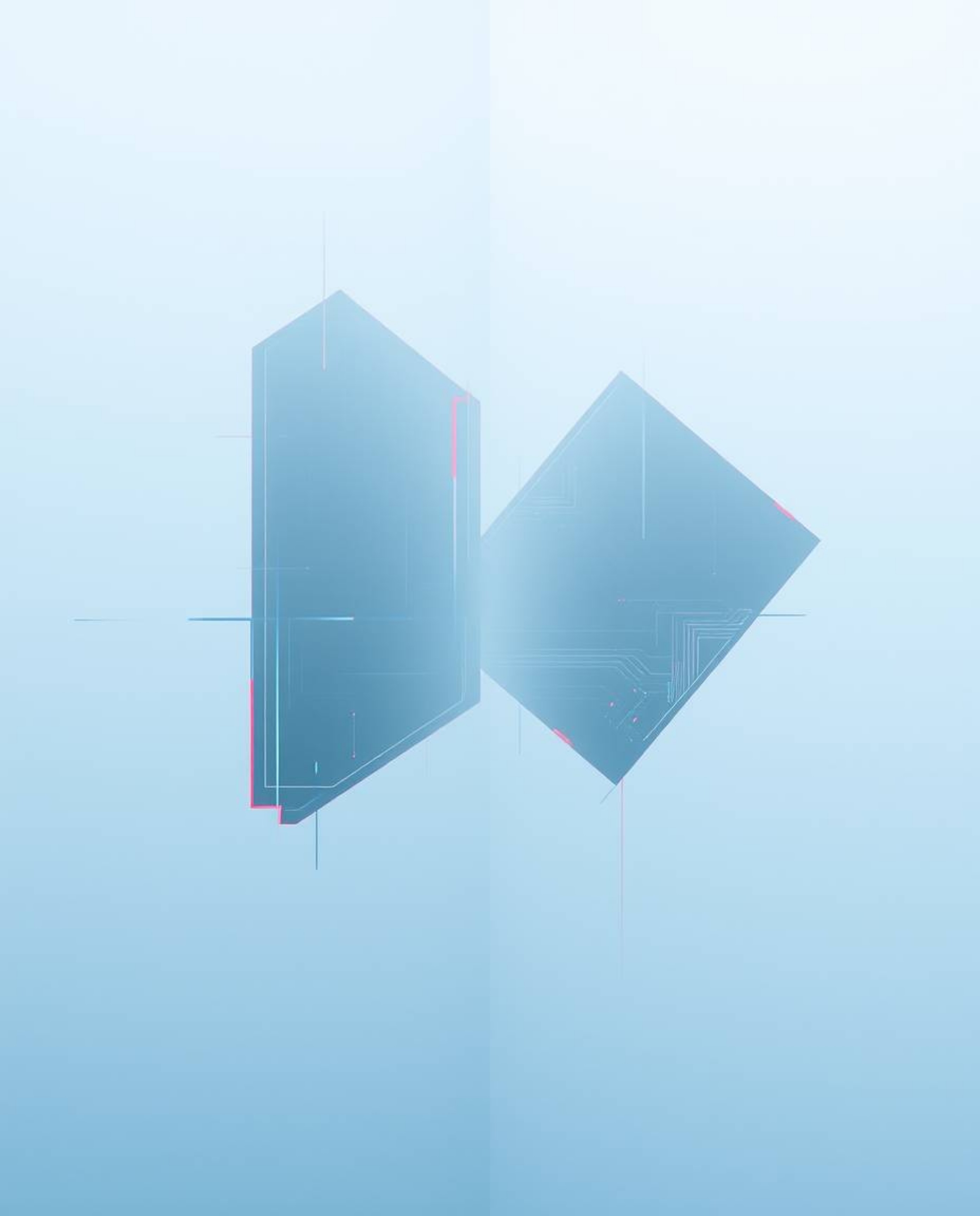A captivating split image showcases glitched geometric shapes floating within a foggy cyberspace matrix.  The low visibility 