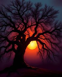 A sophisticated and elegant digital painting of a sunset behind an old oak tree with twisted branches, using a stunning palet