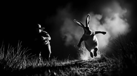 A high-contrast, low-key monochrome image depicting a wacky rabbit outrunning a hunter in a slapstick scene. The dramatic eff
