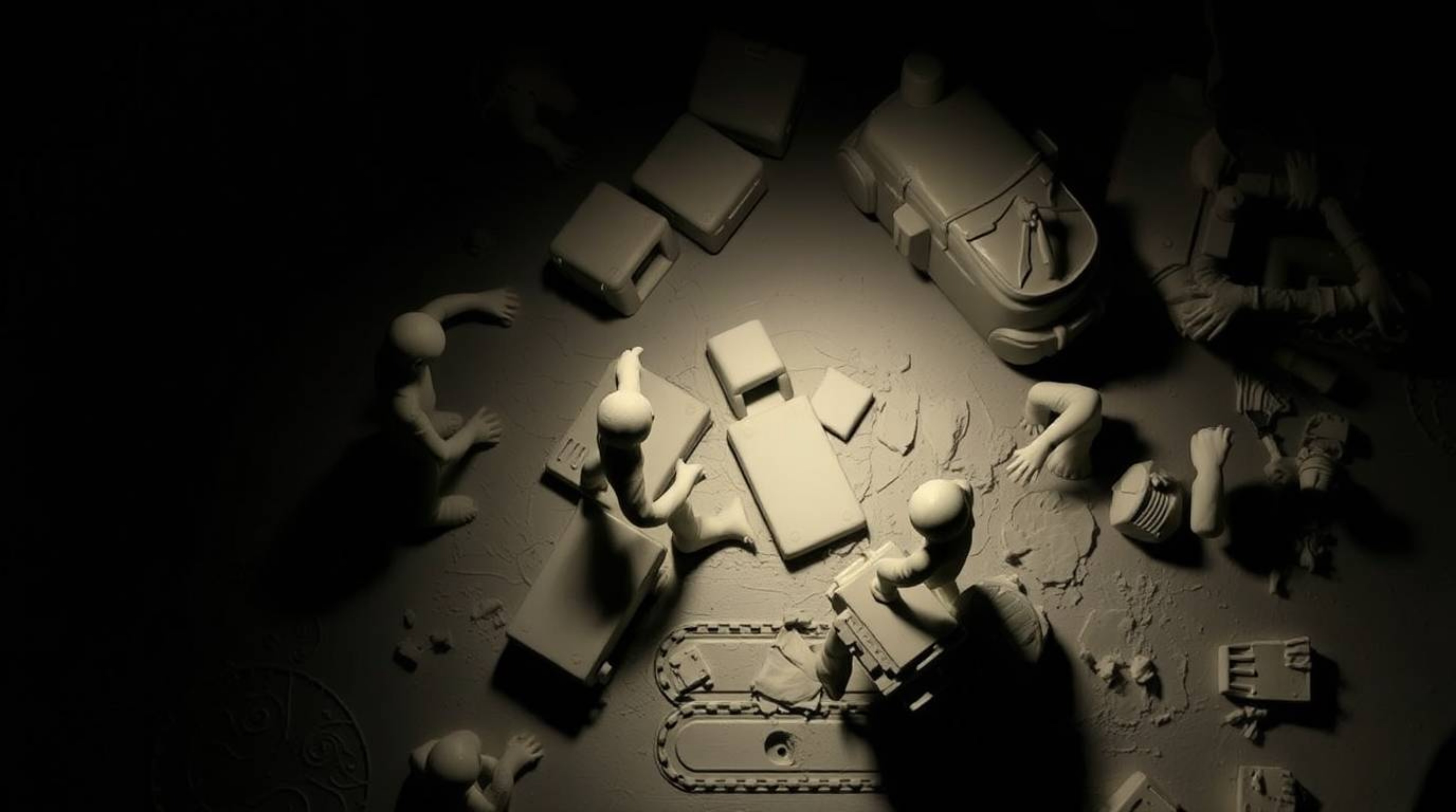 Experience a dramatic and dynamic clay chase scene rendered in a high-contrast, low-key overhead bird's-eye view.  The sculpt