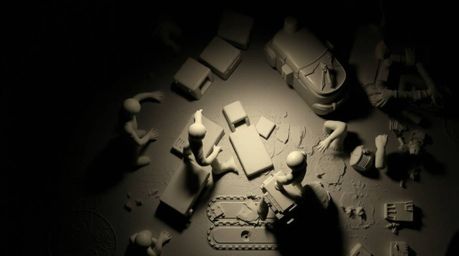 Experience a dramatic and dynamic clay chase scene rendered in a high-contrast, low-key overhead bird's-eye view.  The sculpt