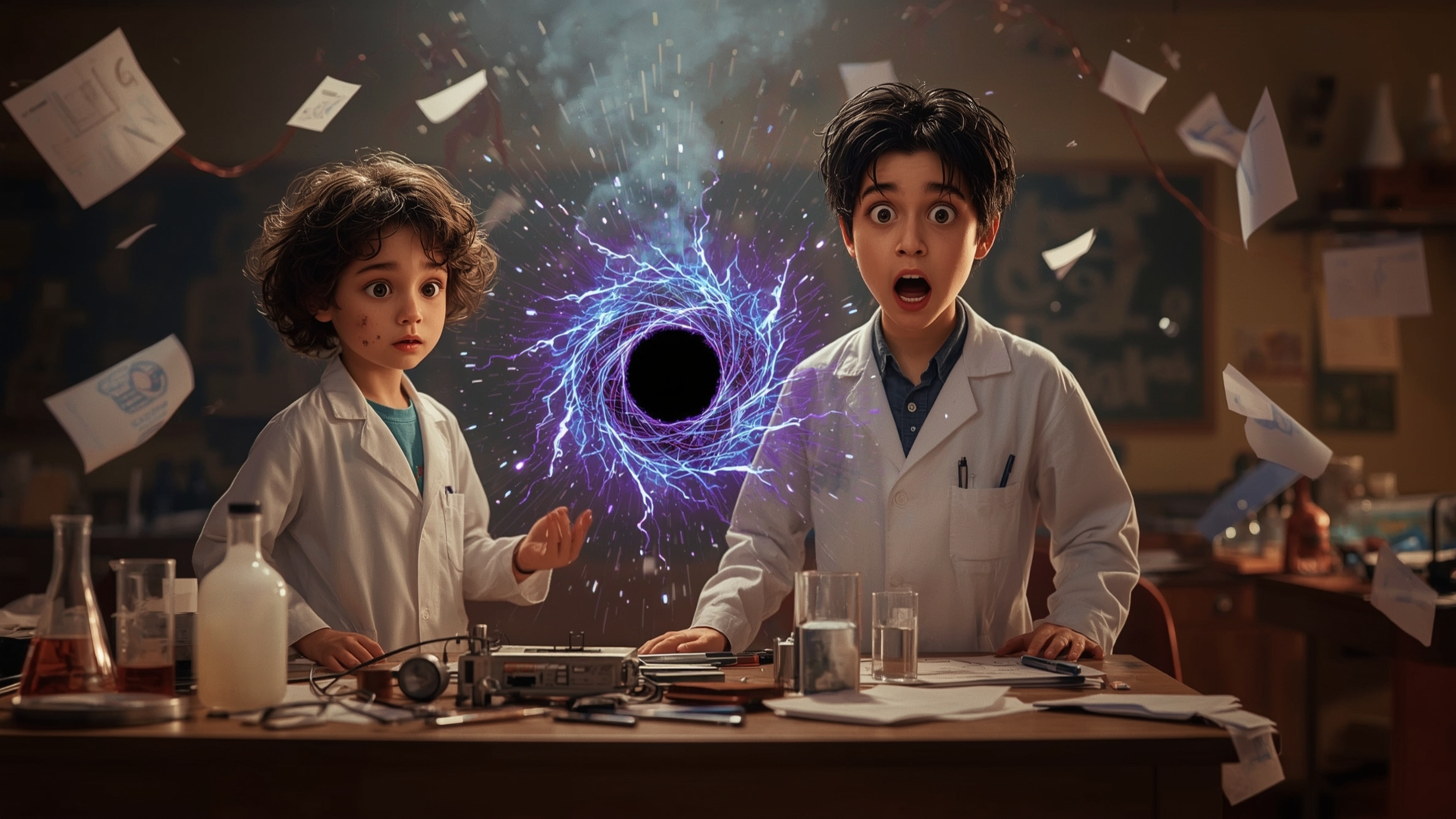 In a vibrant, cinematic photograph rendered in a hyper-realistic, Pixar-inspired style, a dynamic science fair duo unwittingl