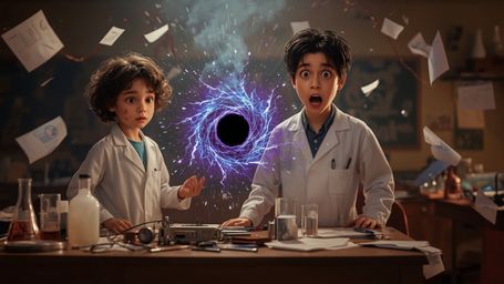In a vibrant, cinematic photograph rendered in a hyper-realistic, Pixar-inspired style, a dynamic science fair duo unwittingl