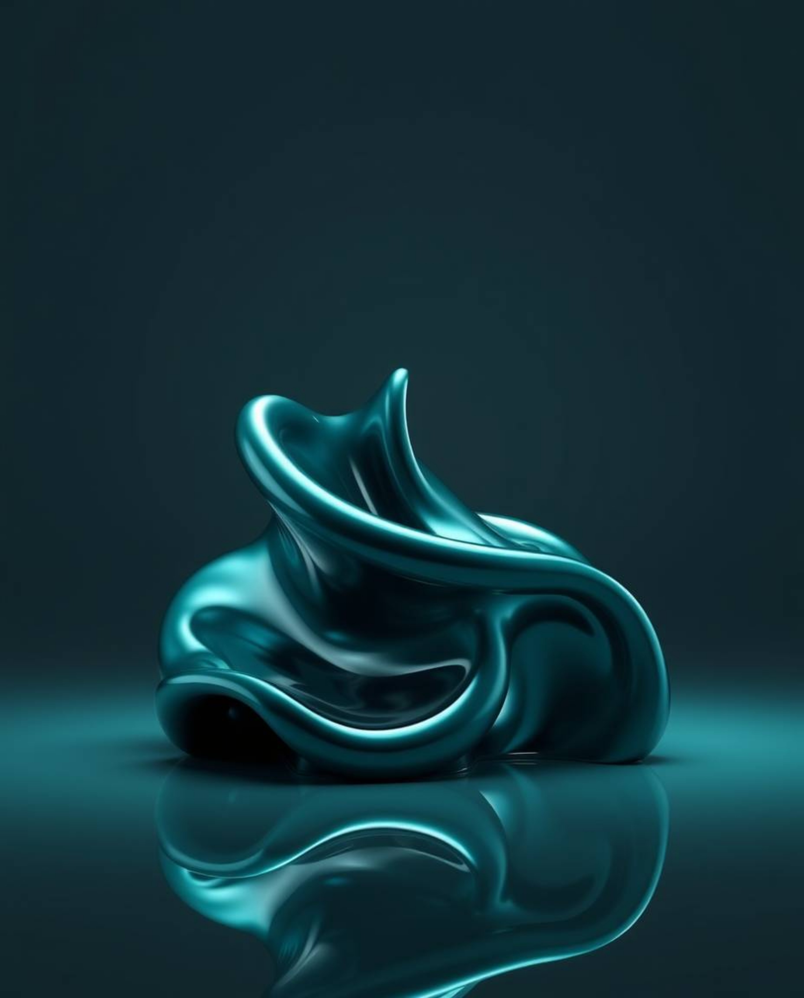 This stunning image features a rich, deep teal sculptural 3D fluid shape, reminiscent of mercury. The reflective surface beau