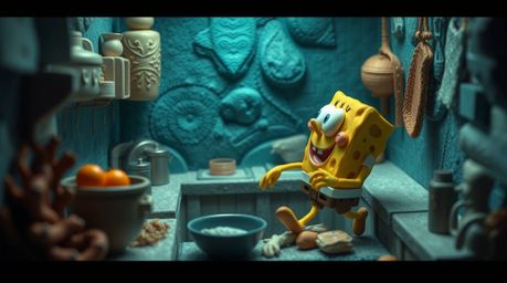 A high-angle perspective sculptural clay art piece depicts a sponge character joyfully cooking in an underwater kitchen. The 
