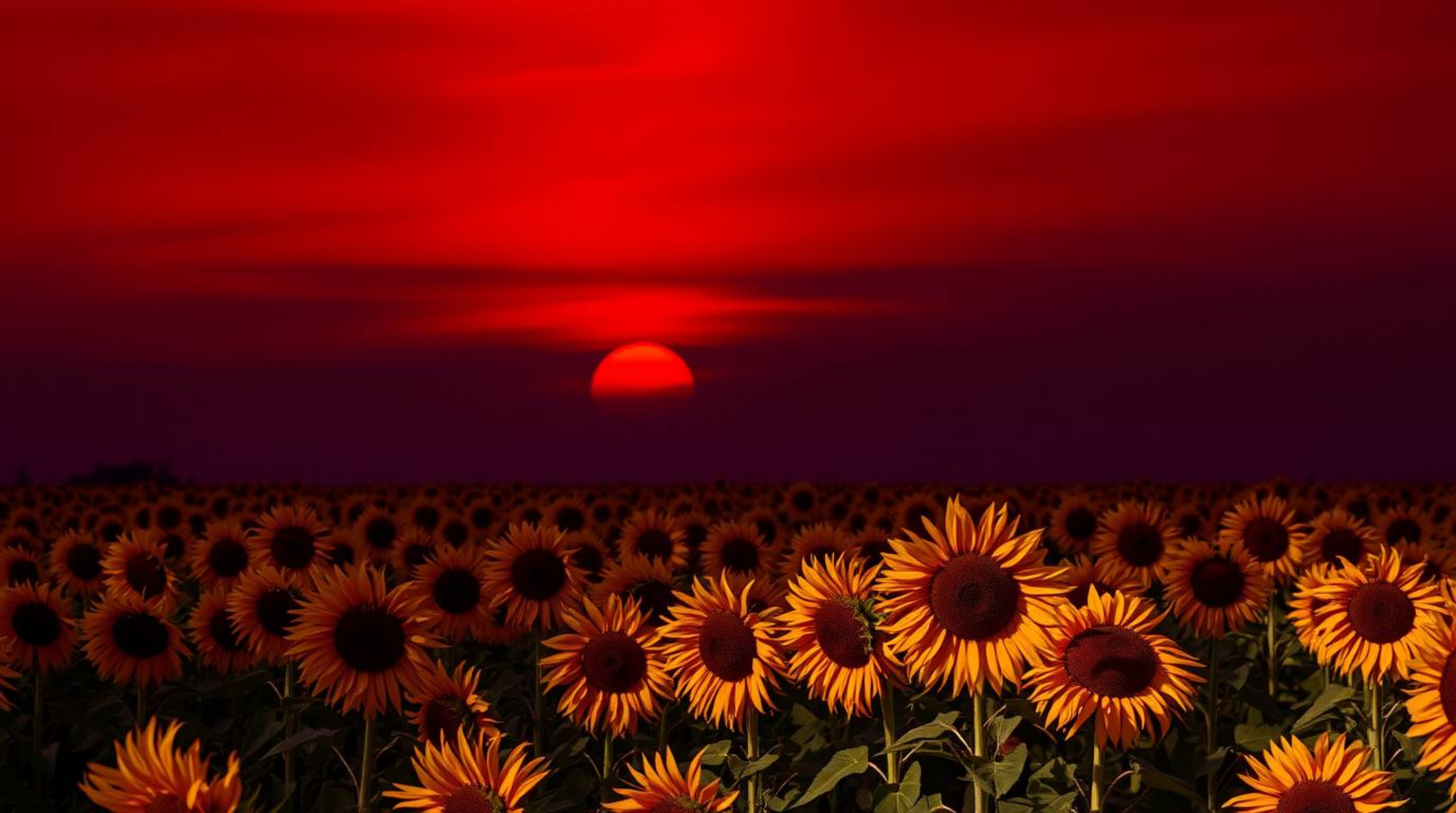 Experience the vibrant beauty of a sunflower field bathed in the dramatic hues of a deep red and purple sky.  The scene is il