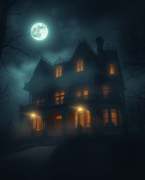 This artwork captures the essence of a fog-covered Victorian mansion bathed in moonlight, employing chiaroscuro lighting tech