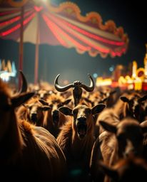 Experience the chaos of a carnival overrun by wild animals, captured with striking hard light, a delicate blurred bokeh, and 