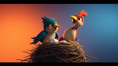 This image features two cartoon birds diligently building a nest in a classic animation style. The design incorporates drama