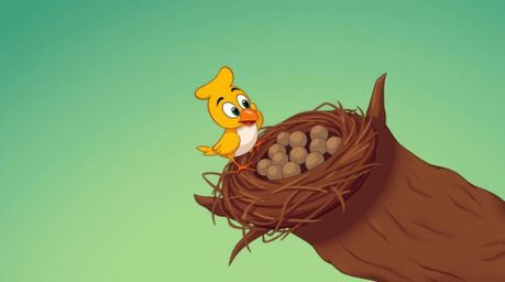 A charming high-angle shot depicts two cartoon birds diligently building a nest in a classic animation style. The scene is br