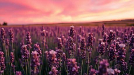 This collection features extreme macro close-up images of lavender fields bathed in the warm glow of a dreamy pink sky.  The 