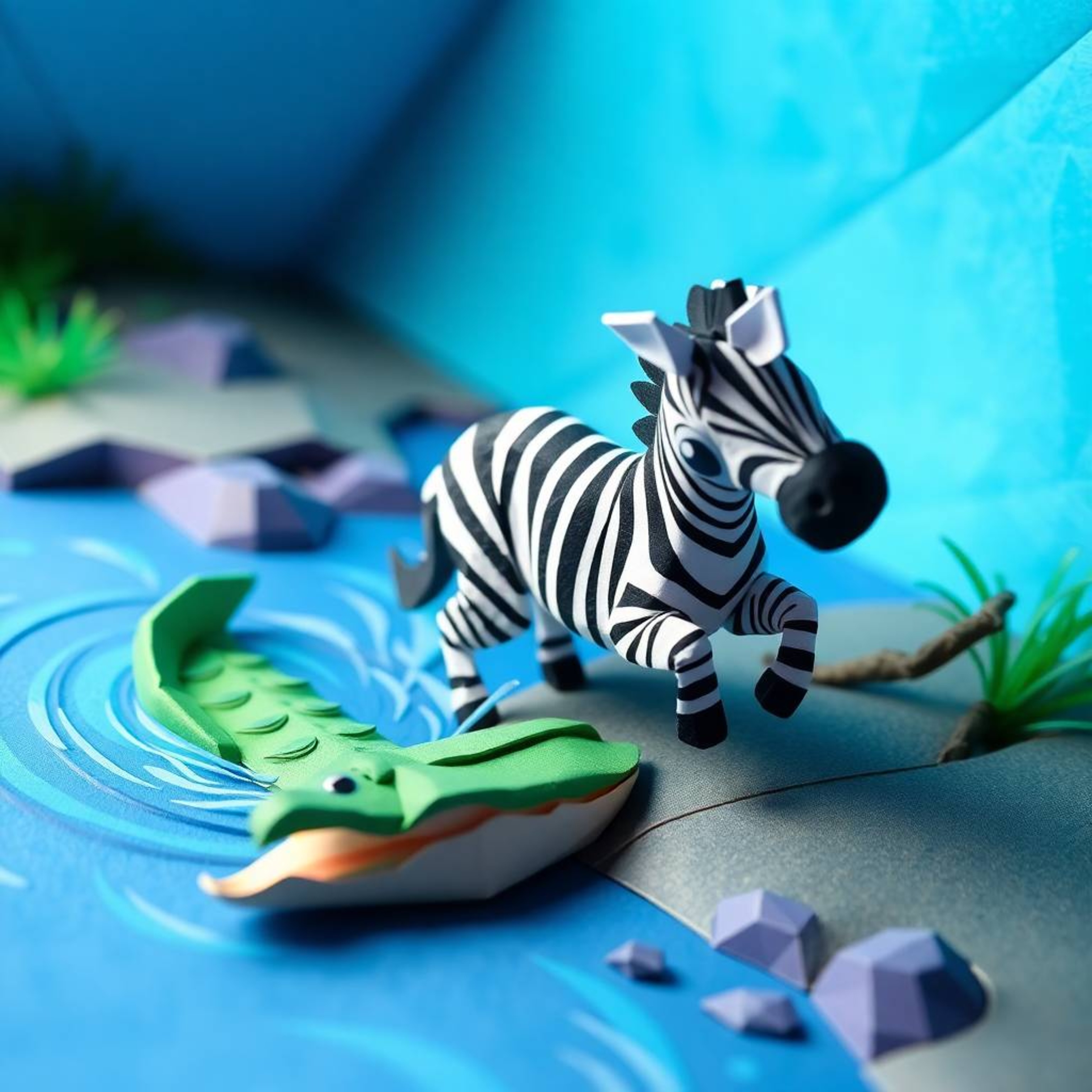 An intricate origami-style image showcases a 3D cartoon zebra making a playful escape from a crocodile near a riverbank. The 