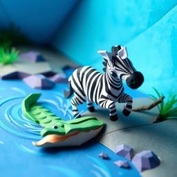 An intricate origami-style image showcases a 3D cartoon zebra making a playful escape from a crocodile near a riverbank. The 