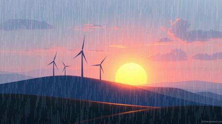 This digital painting captures a serene scene of a sunset behind wind turbines on a hill, gently kissed by rain. The artwork 