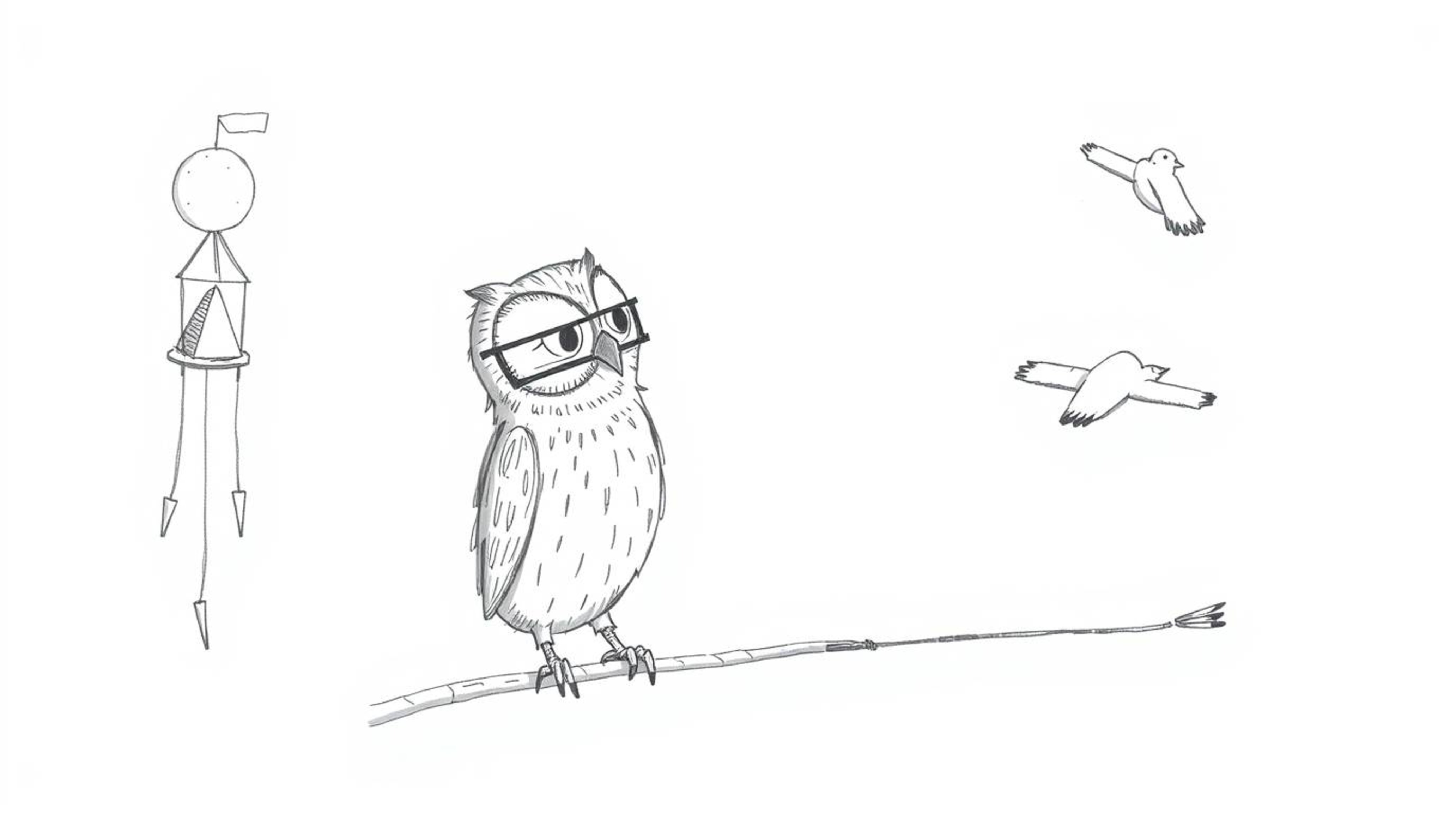 A whimsical, hand-drawn sketch in the style of Pixar showcases a blind owl ingeniously teaching birds to fly. Utilizing wind 