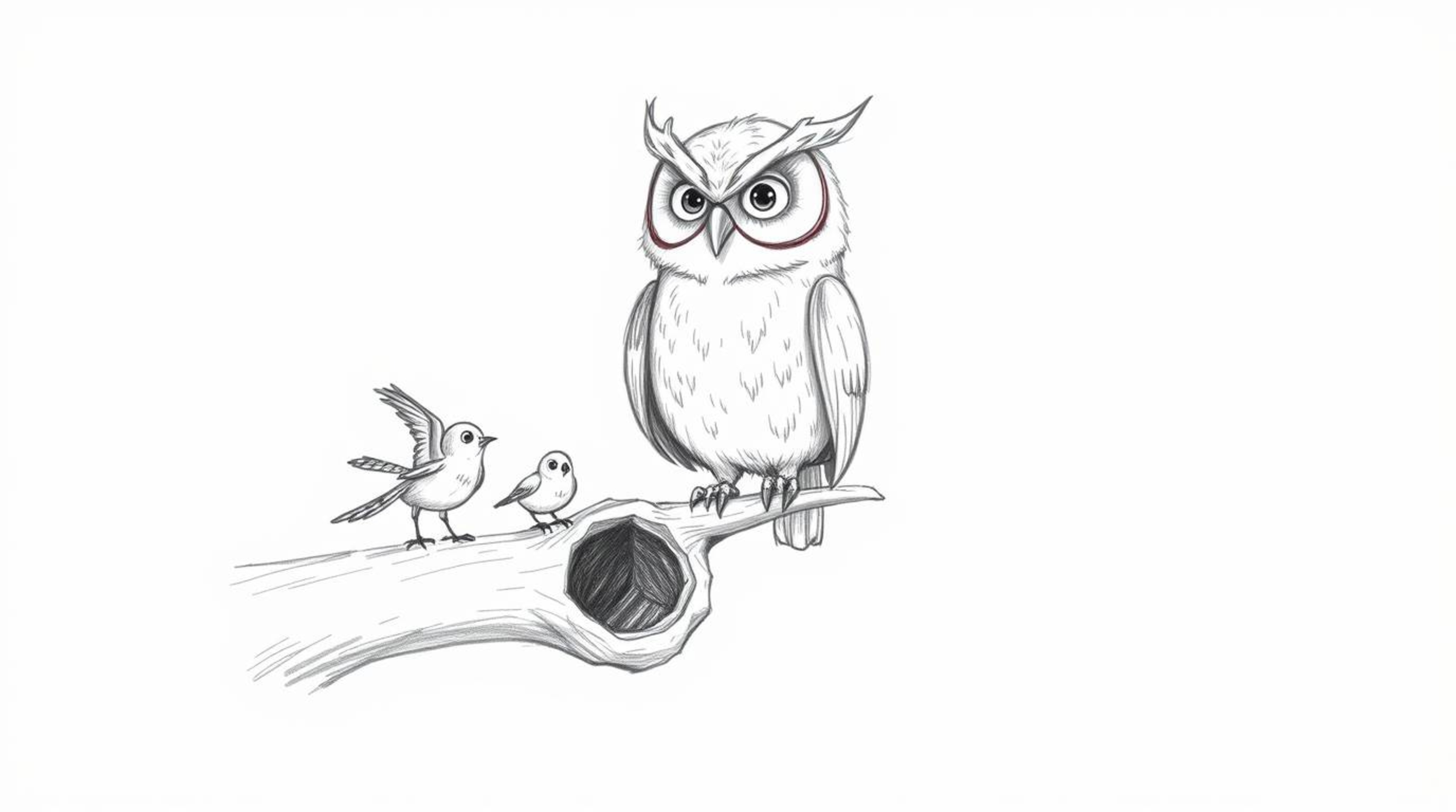 A heartwarming hand-drawn sketch in the style of Pixar depicts a blind owl with soft, textured feathers and expressive eyes. 