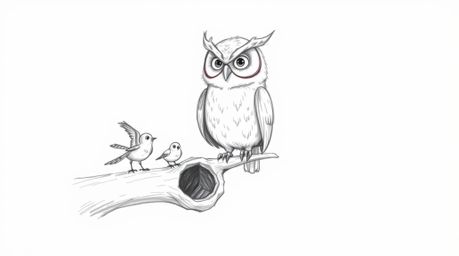 A heartwarming hand-drawn sketch in the style of Pixar depicts a blind owl with soft, textured feathers and expressive eyes. 