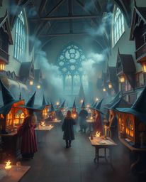 This high-resolution stock photo captures the enchanting environment of a magical school filled with young wizards. The image