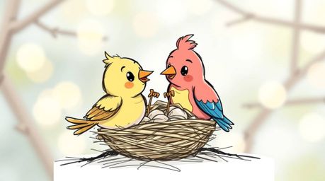 A hand-drawn sketch depicts two cartoon birds diligently building a nest in a classic animation style. The image features a c