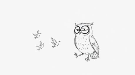 A heartwarming hand-drawn sketch depicts a blind owl, rendered in a charming Pixar-like style, patiently guiding small birds 