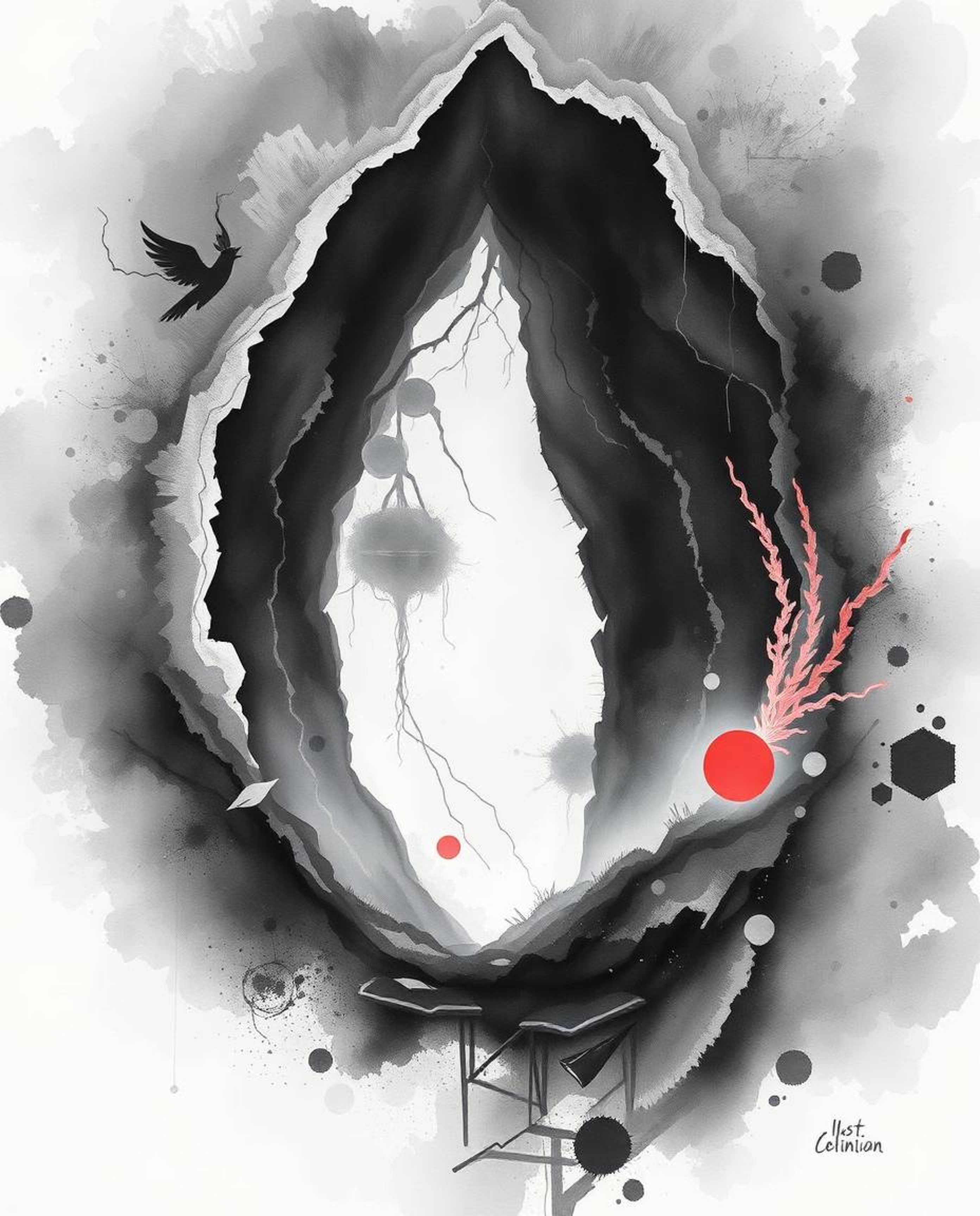 A captivating black and white watercolor painting evokes a mystic, enchanting atmosphere.  Gentle color contrasts and vivid t