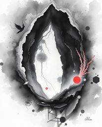 A captivating black and white watercolor painting evokes a mystic, enchanting atmosphere.  Gentle color contrasts and vivid t