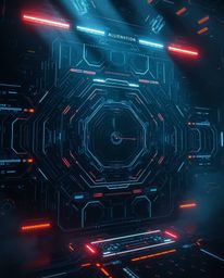 Explore a captivating futuristic digital interface, a large-scale epic scene featuring jet-black geometric patterns and holog