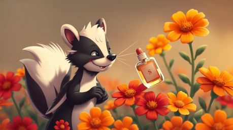A mischievous cartoon skunk, with its classic black and white fur and a cheeky grin, playfully sprays perfume onto a vibrant 