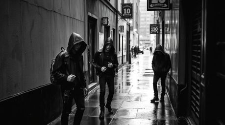 A timeless and elegant black and white photograph capturing a wet, rainy scene in a grungy city alley.  The image features re