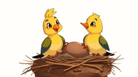 A charming digital painting showcases two adorable cartoon birds constructing a nest. Rendered in a classic animation style