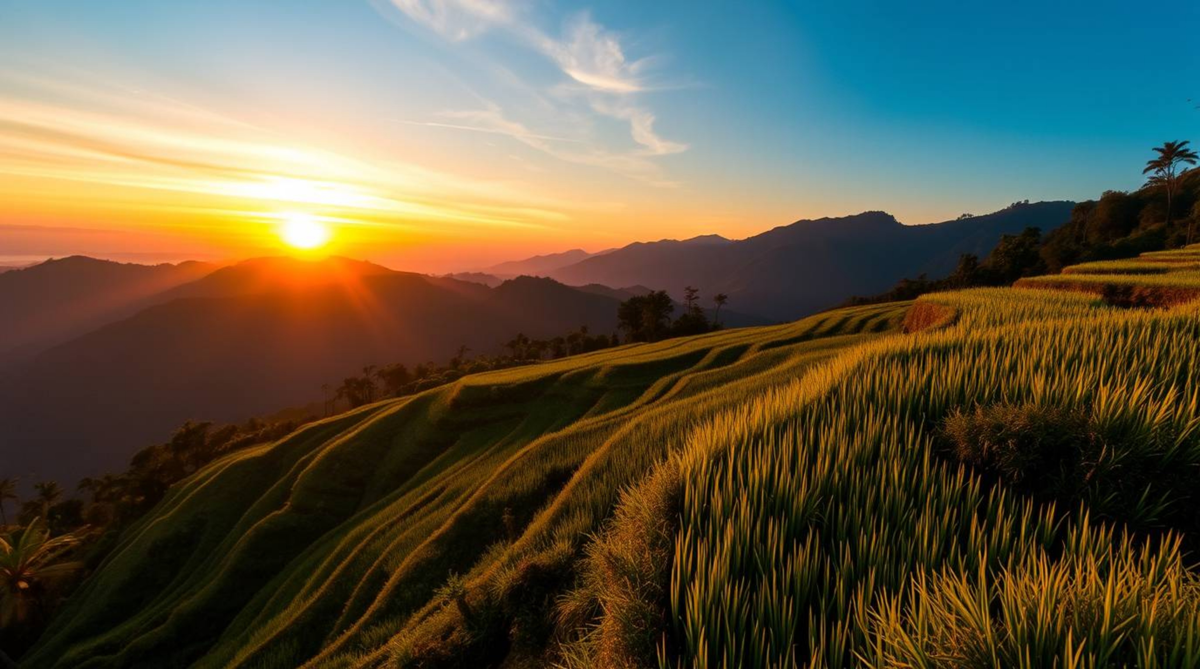 Experience the breathtaking beauty of a sunset over stunning rice terraces nestled in the mountains. This extreme macro close