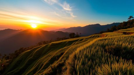 Experience the breathtaking beauty of a sunset over stunning rice terraces nestled in the mountains. This extreme macro close