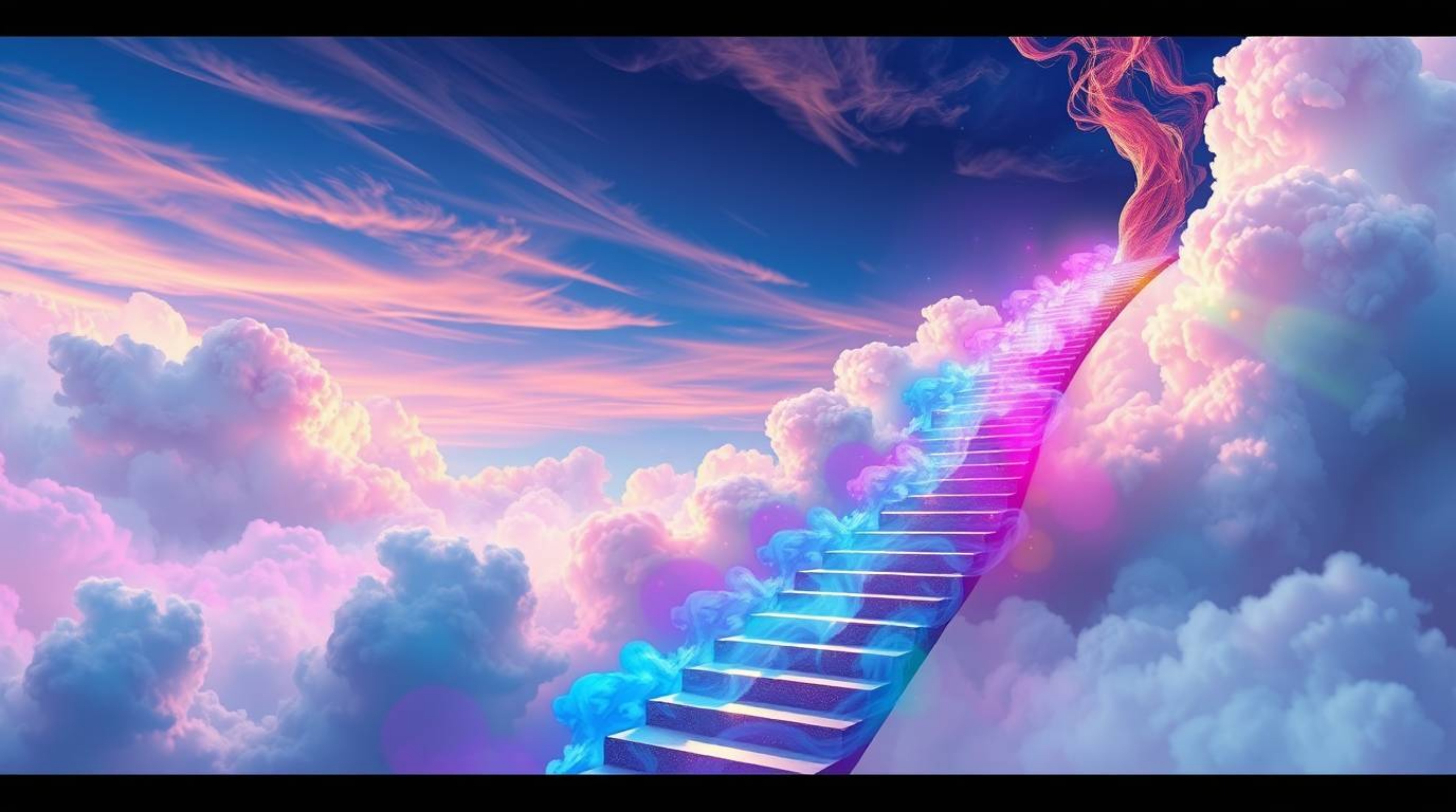 A vibrant digital painting featuring a graceful and elegant winding stairway made of smoke and light.  It ascends into a vast
