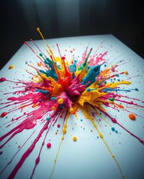 A low-angle perspective transforms a dynamic explosion of vibrant paint splashes on a white canvas into a dreamlike and surre