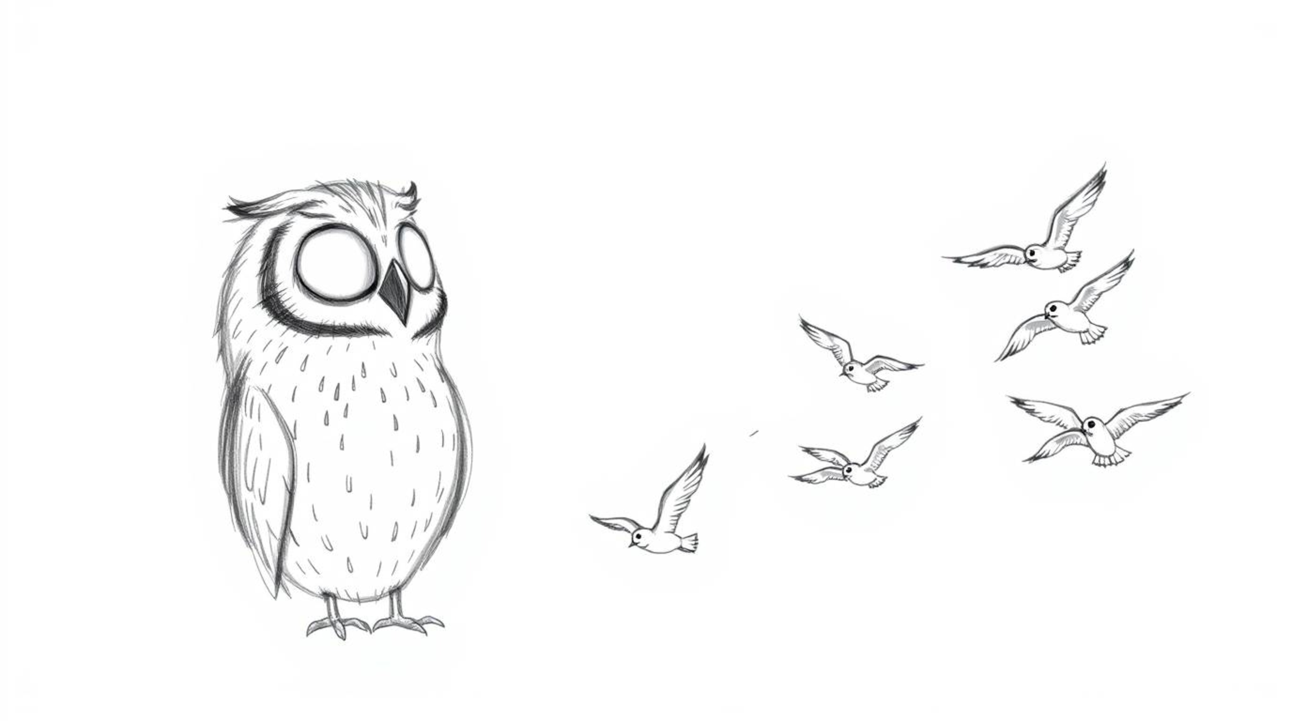 A heartwarming hand-drawn sketch in the style of Pixar portrays a wise, blind owl with gentle features, teaching a flock of b