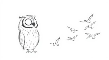 A heartwarming hand-drawn sketch in the style of Pixar portrays a wise, blind owl with gentle features, teaching a flock of b