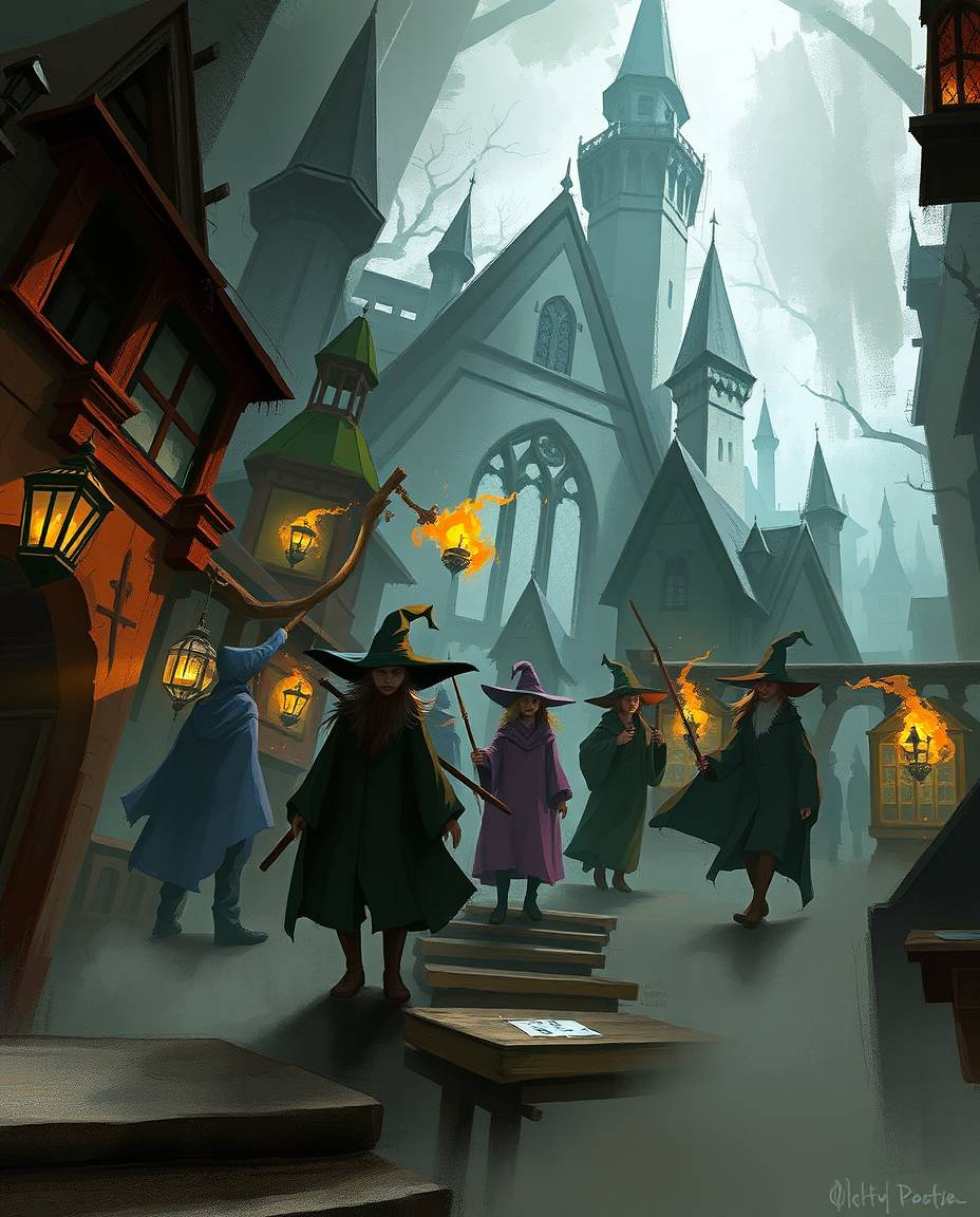 A dynamic digital sketch depicts a magical school brimming with young wizards.  Rendered in a loose, painterly style with epi