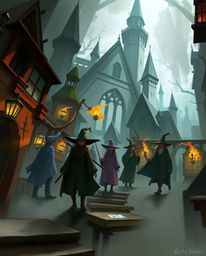 A dynamic digital sketch depicts a magical school brimming with young wizards.  Rendered in a loose, painterly style with epi