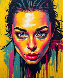 Explore a collection of digital glitch art portraits featuring bold acrylic painting techniques and corrupted data aesthetics