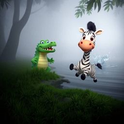 A delightful 3D cartoon scene unfolds as a cute zebra with expressive eyes leaps from a grassy jungle clearing toward a river